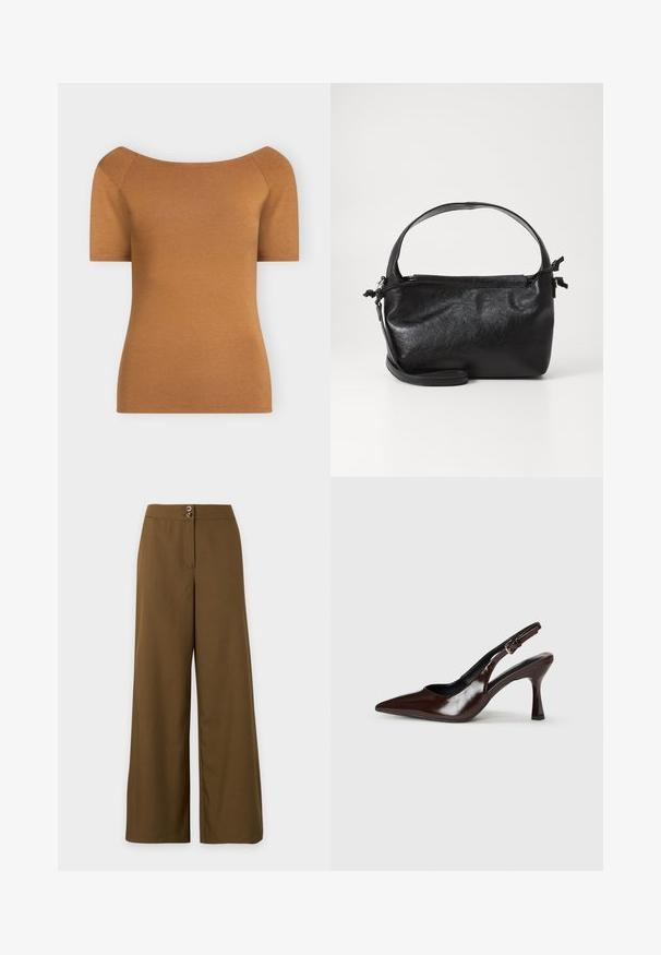 Haut ajusté à manches courtes, marron clair, avec un large décolleté épaules dénudées, présenté sur un fond uni.; Pantalon marron taille haute à jambes larges avec deux boutons supérieurs et une fermeture éclair frontale dissimulée.; Talons slingback en cuir verni brun avec un bout pointu, un talon fin, et une sangle réglable avec une petite boucle.; Sac à main en cuir noir au design structuré, avec une poignée arrondie et une bandoulière amovible. Présente une texture lisse et un éclat subtil.