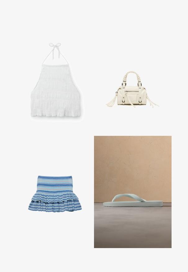 Witte textuurstof halter neck crop top met geplooid ontwerp en gerimpelde zoom.; Blauw en lichtblauw gestreept minirokje met geribde structuur en twee gelaagde ruches aan de zoom, getoond tegen een witte achtergrond.; Enkele lichtbeige rubberen teenslipper met een getextureerd voetbed en Y-vormige band op een effen grijze achtergrond.; Kleine witte handtas met gevlochten handvatten, voorvak met rits en lange kwastdetails aan de zijkanten, weergegeven op een witte achtergrond.