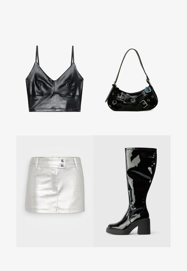 Bralette noire et brillante avec des fines bretelles réglables, présentant un décolleté en V, une texture lisse et un léger plissé au niveau de la poitrine pour la forme.; Jupe en cuir synthétique argenté avec un motif crocodile texturé, dotée de deux accents de boutons bleus et d'un design ajusté.; Bottes en cuir verni noir, arrivant jusqu'aux genoux, avec une surface lisse et brillante, des orteils carrés et des talons épais noirs. Coutures décoratives sur le côté.; Sac à main en cuir verni noir avec une forme incurvée, présentant des ferrures en argent, des boucles décoratives et une bandoulière courte. Étiquette bleue attachée.