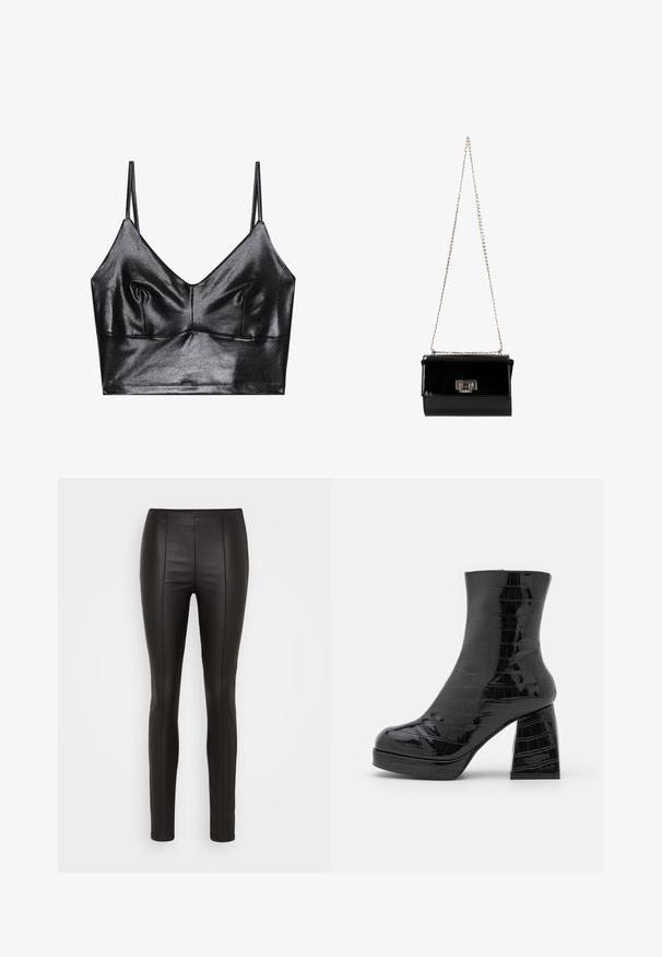 Bralette noire et brillante avec des fines bretelles réglables, présentant un décolleté en V, une texture lisse et un léger plissé au niveau de la poitrine pour la forme.; Leggings en simili cuir noir avec une texture lisse et brillante, présentant une coupe ajustée et des coutures verticales sur le devant et l'arrière.; Even&Odd by Zalando Bottines à plateau - black; Sac à main en cuir verni noir avec une bandoulière en chaîne dorée, de forme rectangulaire, doté d'une fermeture à rabat à l'avant et d'un accent de logo métallique.