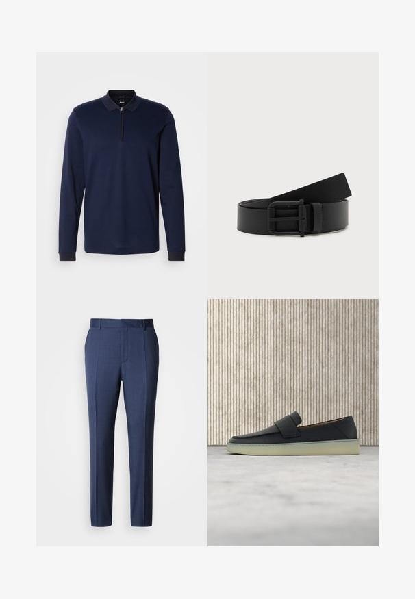 Marineblauwe longsleeve polo met een ritskraag, textuurstof en contrasterende donkere kraagafwerking. Heeft fitted manchetten en een subtiel patroon.; Marineblauwe, op maat gemaakte broek van gladde stof, met een vlakke voorkant, riemlussen en geplooide strijkvouwen voor een nette uitstraling.; Zwarte leren loafer met witte zool, rustend op een beige tapijt naast een ronde bruine houten tafelpoot.; Zwarte leren riem opgerold met matte zwarte metalen gesp op een witte achtergrond.