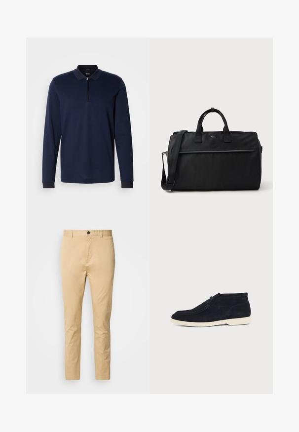 Marineblauwe longsleeve polo met een ritskraag, textuurstof en contrasterende donkere kraagafwerking. Heeft fitted manchetten en een subtiel patroon.; Beige chinos van katoen met een gladde textuur. Voorzien van een knoopsluiting, riemlussen en taps toelopend naar de enkels.; Donkerblauwe casual suède schoen met witte zool en minimale veters, zijaanzicht op een effen lichtgrijze achtergrond.; Zwarte rechthoekige reistas met dubbele handgrepen, verstelbare schouderriem, voorzak met rits en klein "BOSS"-logo aan de voorkant.