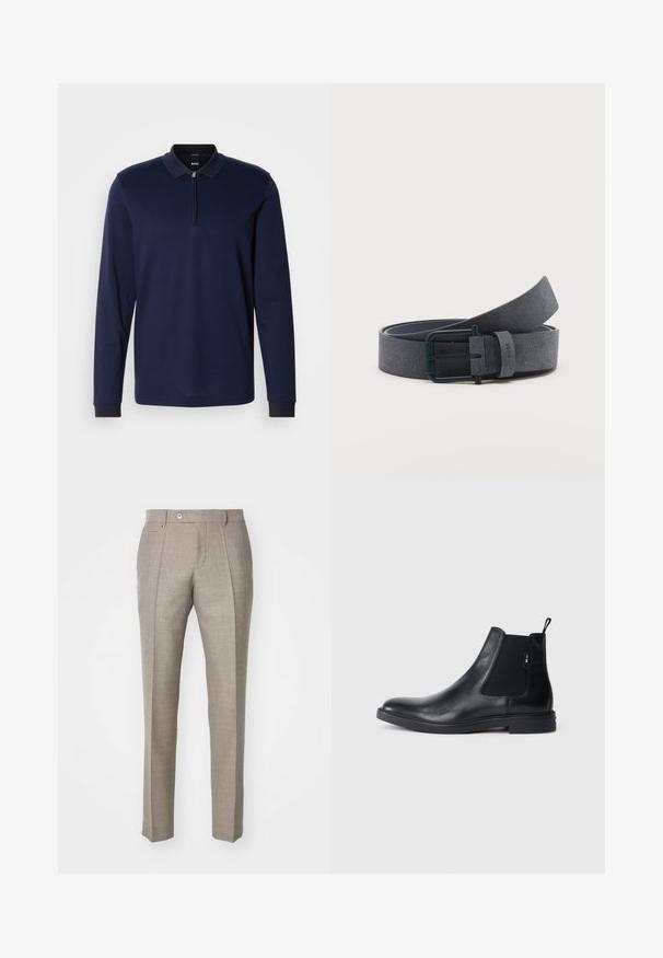 Marineblaues Langarm-Polohemd mit Reißverschlusskragen, strukturiertem Stoff und kontrastierendem dunklem Kragenbesatz. Verfügt über eng anliegende Bündchen und ein dezentes Muster.; Beige maßgeschneiderte Hose mit strukturiertem Finish, ausgestattet mit einem Knopfverschluss und zwei Seitentaschen. Strukturierter Entwurf mit geradem Bein-Silhouette.; Schwarze Leder Chelsea-Boots mit elastischen seitlichen Einsätzen, einer Zugschlaufe und einer flachen Gummisohle. Glatte Textur mit minimaler Ausgestaltung.; Dunkelgrauer Veloursledergürtel mit schwarzer rechteckiger Schnalle, zusammengerollt mit teilweise angehobenem Ende auf einfarbigem hellem Hintergrund.