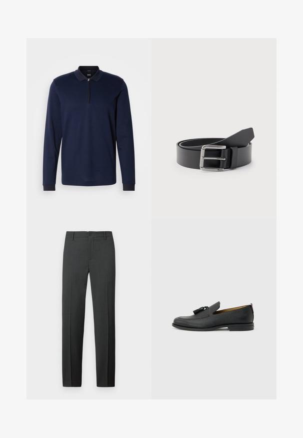 Polo à manches longues bleu marine avec col zippé, en tissu texturé, et bordure de col contrastante sombre. Il présente des poignets ajustés et un motif subtil.; Pantalon gris foncé sur mesure en tissu lisse. Comprend une fermeture à boutons, des passants pour ceinture et des jambes droites pour une coupe classique.; Mocassin pour homme en cuir noir avec pompons, bout arrondi, petit talon et languette à l'arrière, présenté de profil sur un fond gris clair.; Ceinture en cuir noir enroulée avec une boucle métallique rectangulaire argentée gravée "BOSS" sur un fond gris clair.