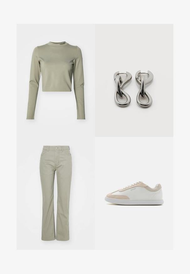 Zrezaný dlhý rukáv top v svetlo olivovej farbe, vyrobený z hladkej elastickej tkaniny, s vysokým výstrihom a logom Calvin Klein na golieri.; Svetlozelené, vysoké nohavice s rovnými nohavicami. Obsahujú klasické vrecká a kovové zapínanie vpredu. Mäkká textúra látky.; Biele kožené tenisky s béžovými semišovými akcentmi a bielymi šnúrkami. Majú okrúhlu špičku a mäkkú podrážku pre pohodlie.; Pár strieborných kovových náušníc s abstraktným prepletajúcim sa slučkovým vzorom na bielom pozadí.