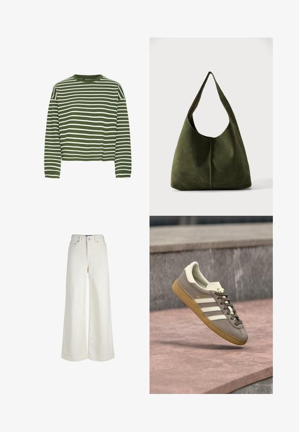 Top de manga larga a rayas verdes y blancas con cuello redondo y corte recto. Tejido suave y texturizado, con rayas horizontales distribuidas uniformemente.; Vaqueros blancos de mezclilla con cintura alta y pierna ancha, cierre delantero con botón y cremallera, trabillas para cinturón y detalles en los bolsillos.; Zapatilla Adidas de ante marrón claro con rayas blancas y suela de goma, suspendida sobre escaleras de piedra rosa al aire libre.; Bolso de hombro grande y desestructurado de ante verde oliva con una sola correa ancha y forma suave sobre un fondo liso.