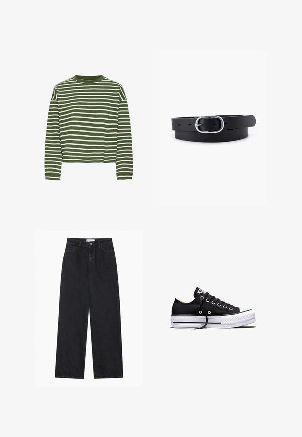 Top de manga larga a rayas verdes y blancas con cuello redondo y corte recto. Tejido suave y texturizado, con rayas horizontales distribuidas uniformemente.; Jeans de mezclilla negros de talle alto y pierna ancha con cierre frontal de botón y cremallera, pasadores para el cinturón y estilo de cinco bolsillos.; Zapatilla deportiva negra de lona de corte bajo con suela plataforma de goma blanca, cordones negros y ojales de metal sobre fondo blanco.; Cinturón de cuero negro con una textura suave, hebilla ovalada de metal plateado y múltiples agujeros de ajuste a lo largo de la correa. Diseño plano y minimalista.