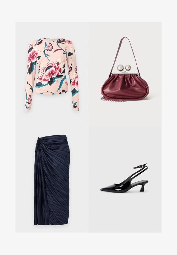 Diane von Furstenberg LONG SLEEVE SHIRT - Pikkade varrukatega topp - light pink; Tumes pleeditud midi-seelik, millel on kogutud tekstuur vöökohal, vertikaalsed voldid ja sile viimistlus, kujundatud keha lähedasse siluetti.; Must mustaga nahk kätkepad jalatsid terava ninaga, madala ploki kontsaga ja reguleeritava pahkluu rihmaga, millel on kuldne pandla.; Väike burgundia nahast käekott kortsudetailidega, õhukese rihmaga ja kahe suure ringikujulise nööbiga hõbedane kinnitus.