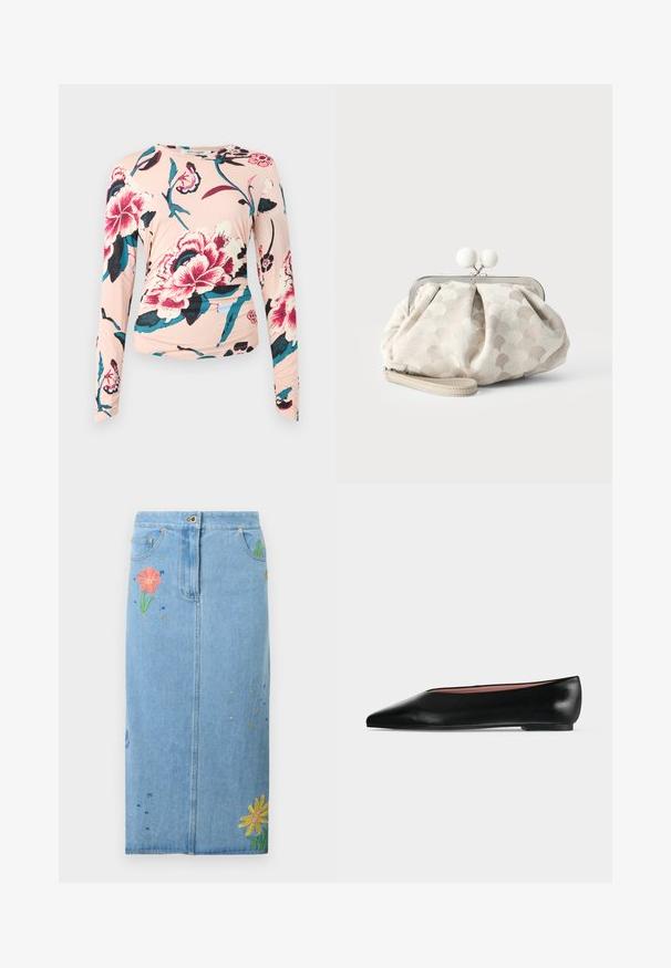 Diane von Furstenberg LONG SLEEVE SHIRT - Longsleeve - light pink; Lichtblauwe denim midi-rok met voorzakken, knoopsluiting en kleurrijke geborduurde bloemen aan de zijkanten en onderkant.; Zwarte leren damesschoen met platte zool, puntige neus en lage hak, zijwaarts afgebeeld tegen een effen lichtgrijze achtergrond.; Kleine beige clutch met gestructureerde stippenstof, zilveren frame, ronde witte gesp en afneembare polsband op een effen achtergrond.
