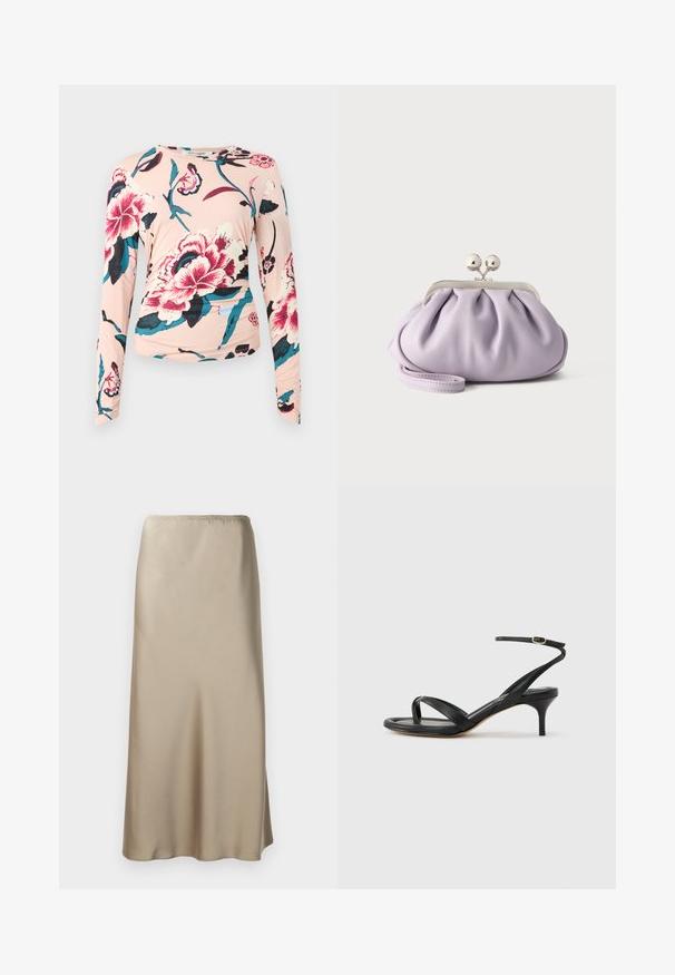 Diane von Furstenberg LONG SLEEVE SHIRT - Langarmshirt - light pink; Satin-Midirock in hellbeige mit einem elastischen Bund, glatter Textur und fließender A-Linienform. Keine sichtbaren Muster oder Hardware.; Schwarze Ledersandale für Damen mit dünnen Riemchen, einer Zehenlasche, einer Knöchelschnalle und einem mittelhohen Stöckelabsatz vor neutralem Hintergrund.; Weiche Lavendel-Clutch mit gerafftem Stoff, silbernem Kiss-Lock-Verschluss und passendem Handgelenksriemen auf hellem einfarbigem Hintergrund.