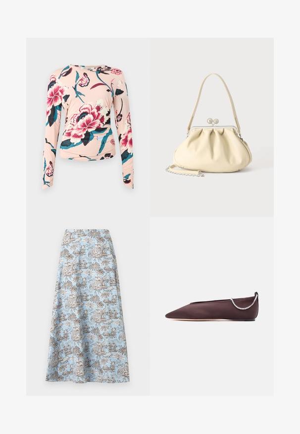 Diane von Furstenberg LONG SLEEVE SHIRT - Top s dlhým rukávom - light pink; Svetlomodrá sukňa áčkového strihu s hnedo-bielym tropickým motívom palmových stromov a kvetín, dĺžka po kolená, s hladkým pásom.; Tmavohnedá balerína so špičatou špičkou, nízkym podpätkom a detailom zo striebornej retiazky s kryštálmi na zadnej strane.; Kremová mäkká kožená kabelka so zhrnutým dizajnom, striebornou rámovou sponou, krátkou rúčkou a odnímateľným reťazovým popruhom.
