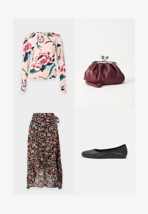 Diane von Furstenberg LONG SLEEVE SHIRT - Longsleeve - light pink; Bloemen wikkelrok met een zwarte achtergrond, rode en roze bloemen, ruffle zoom, verstelbare strik in de taille, en lichte stof.; Zwarte leren ballerina met een ronde neus, gladde textuur, minimale stikdetails en een flexibele zoolontwerp.; Kleine bordeauxrode leren clutch-portemonnee met zilverkleurige metalen sluiting en polsbandje op een witte achtergrond.