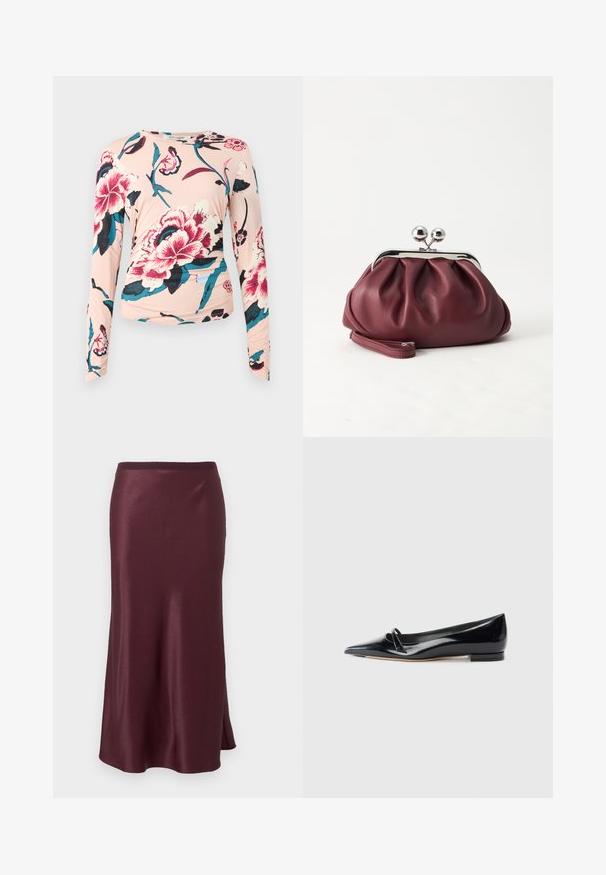 Diane von Furstenberg LONG SLEEVE SHIRT - Langarmshirt - light pink; Dunkelburgunder satinierter Midirock mit leichtem Schwung und einem dezenten seitlichen Schlitz, mit einem glatten Taillenbund.; Schwarze Lackleder-Ballerina mit spitzem Zehenbereich, kleinem dekorativen Riemen und niedrigem Blockabsatz. Glatte Textur und elegantes Design.; Kleine burgunderrote Lederclutch mit silbernem Metallverschluss und Handgelenksriemen auf weißem Hintergrund.