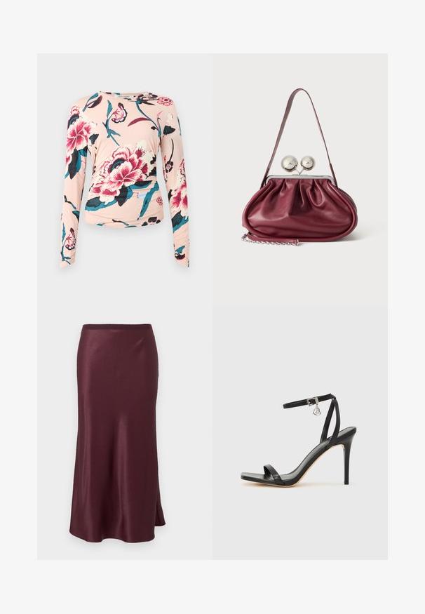 Diane von Furstenberg LONG SLEEVE SHIRT - Langarmshirt - light pink; Dunkelburgunder satinierter Midirock mit leichtem Schwung und einem dezenten seitlichen Schlitz, mit einem glatten Taillenbund.; Schwarze High-Heel-Sandale mit schmalem Knöchelriemen, quadratischer Zehenbox, glattem Leder und metallischem Schnallenakzent.; Kleine burgunderrote Lederhandtasche mit gerafften Details, einem dünnen Riemen und einem silbernen Verschluss mit zwei großen runden Knöpfen.
