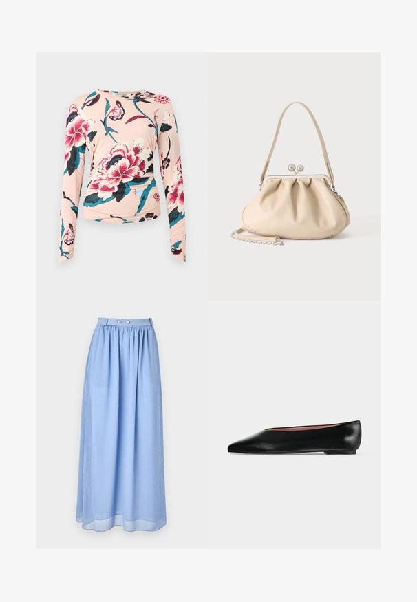 Diane von Furstenberg LONG SLEEVE SHIRT - Langarmshirt - light pink; Hellblauer Maxirock aus transparentem Stoff mit gerafftem Bund, der silberne Knopfdetails und ein dezentes Muster aus kleinen weißen Punkten aufweist.; Schwarzer flacher Damenleder-Schuh mit spitzer Kappe und niedrigem Absatz, von der Seite auf einfarbigem hellgrauem Hintergrund gezeigt.; Beige weiche Lederhandtasche mit silbernem Metallrahmenverschluss, einem Schulterriemen und einem optionalen Kettenriemen auf weißem Hintergrund.