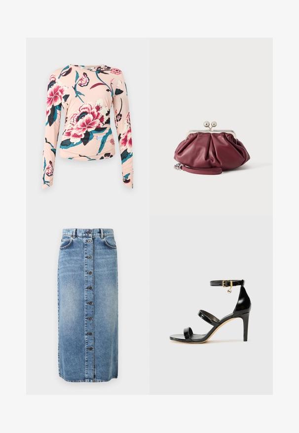 Diane von Furstenberg LONG SLEEVE SHIRT - Top s dlhým rukávom - light pink; Modrá džínsová sukňa strednej dĺžky so zapínaním na gombíky vpredu, pútkami na opasok a prednými vreckami, vystavená na jednoduchom pozadí.; Čierne lakované sandále s tromi pásikmi, spona na členku a 10 cm ihlovým podpätkom. Obsahujú zlaté detaily s hardwarem a logo prívesok.; Malá bordová kožená peňaženka s kovovou striebornou sponou a zápästným remienkom na bielom pozadí.