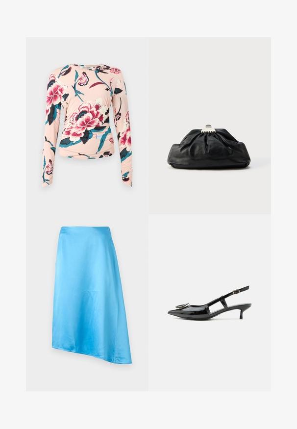 Diane von Furstenberg LONG SLEEVE SHIRT - Langærmet T-shirt - light pink; Lyseblå satin midi-nederdel med asymmetrisk kant, glat tekstur og høj talje mod en ensfarvet hvid baggrund.; Sort laklæder slingback-sko med kitten-hæl, spids tå, udskårne sider, spænde rem og cirkulært metal detalje på tåen.; Sort læderclutch med en samlet tekstur, metal lukning og diskret præget logo på forsiden. Rundet form.