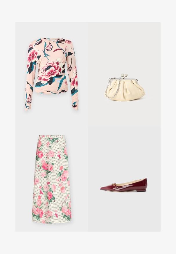 Diane von Furstenberg LONG SLEEVE SHIRT - Top s dlhým rukávom - light pink; Áčková sukňa s krémovým pozadím, čiernymi bodkami a veľkým ružovým kvetinovým vzorom ruží.; Burgundské lakované baleríny s špicatou špičkou, s malým vykrojeným detailom a nízkym podpätkom. Hladká textúra a elegantný dizajn.; Zhlý béžový kožený klobúk so strieborným kovovým rámom, ktorý má dve okrúhle dekoratívne zámky a strieborný reťazový popruh.