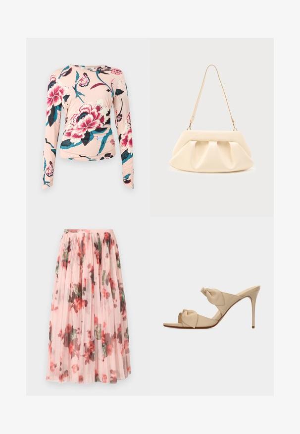 Diane von Furstenberg LONG SLEEVE SHIRT - Longsleeve - light pink; Tule rok met een zachte roze basis, met een bloemenpatroon in rood en groen. De stof is doorschijnend met geplooide fronsen aan de tailleband.; Beige open-toe hoge hak mule sandaal met twee gedraaide knoopbanden en een smalle naaldhak op witte achtergrond.; Handtas van crème-kleurig leer met geplooide plooien, gouden hardware en een enkele dunne schouderband op een effen achtergrond.
