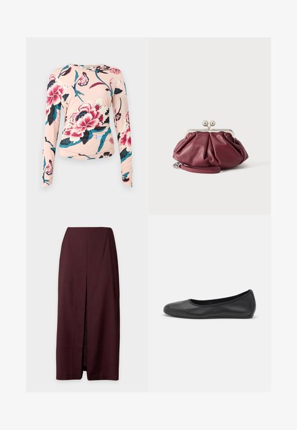 Diane von Furstenberg LONG SLEEVE SHIRT - Langærmet T-shirt - light pink; Mørk bordeaux lige midi nederdel med front center slids og høj talje, vist på en lys baggrund.; Sort læderballetsko med rund tå, glat tekstur, minimal syning og et fleksibelt såldesign.; Lille bordeaux rød læder clutch-pung med sølv metal lukning og håndledsrem på hvid baggrund.