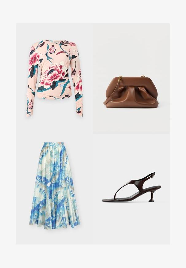 Diane von Furstenberg LONG SLEEVE SHIRT - Langærmet T-shirt - light pink; Lang, flydende nederdel med blåt og hvidt abstrakt blomsterprint, samlet taljebånd og lagdelt flæsekant mod en ensfarvet baggrund.; Mørkebrun laklædersandal med rem bagpå, lille hæl og tårem på hvid baggrund.; Brun clutchtaske i læder med rynket design, guldfarvet hardware og aftagelig håndledsrem på hvid baggrund.