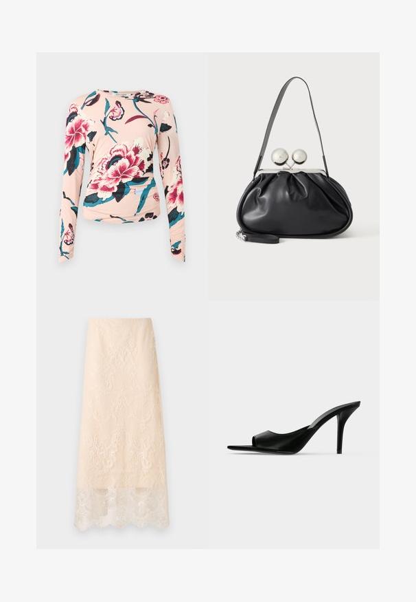 Diane von Furstenberg LONG SLEEVE SHIRT - Langærmet T-shirt - light pink; Kremfarvet midi-nederdel med indviklet blomsterblonde-overflade og bølget kant, vist fladt på en hvid baggrund.; Sort læder åben tå højhælet mule med en slank stilet hæl, vist i sideprofil på en ensfarvet baggrund.; Sort læderhåndtaske med opsamlet design, en enkelt rem, sølv metalramme og to store runde sølv lukninger.