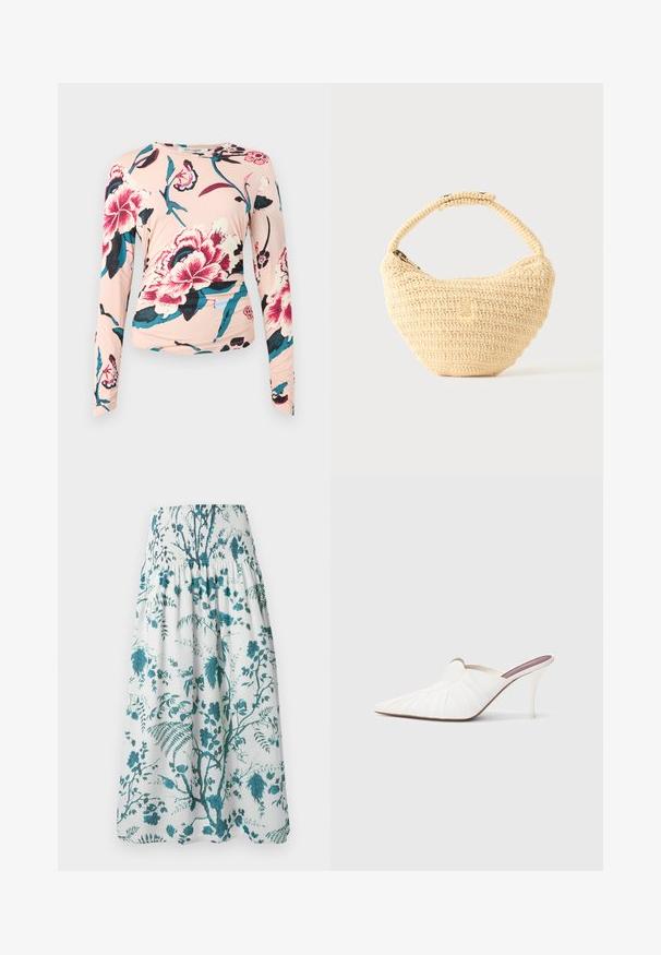 Diane von Furstenberg LONG SLEEVE SHIRT - Longsleeve - light pink; Witte midi rok met turquoise botanische bloemenprint en geplooide elastische tailleband.; Witte mules met een puntige neus, geplooide textuur op het bovenwerk en een slanke naaldhak. Gladde oppervlakte en minimalistisch ontwerp.; Beige geweven handtas met afgerond lichaam, ritssluiting en een korte, dikke band in een eenvoudige, gestructureerde haakstijl.