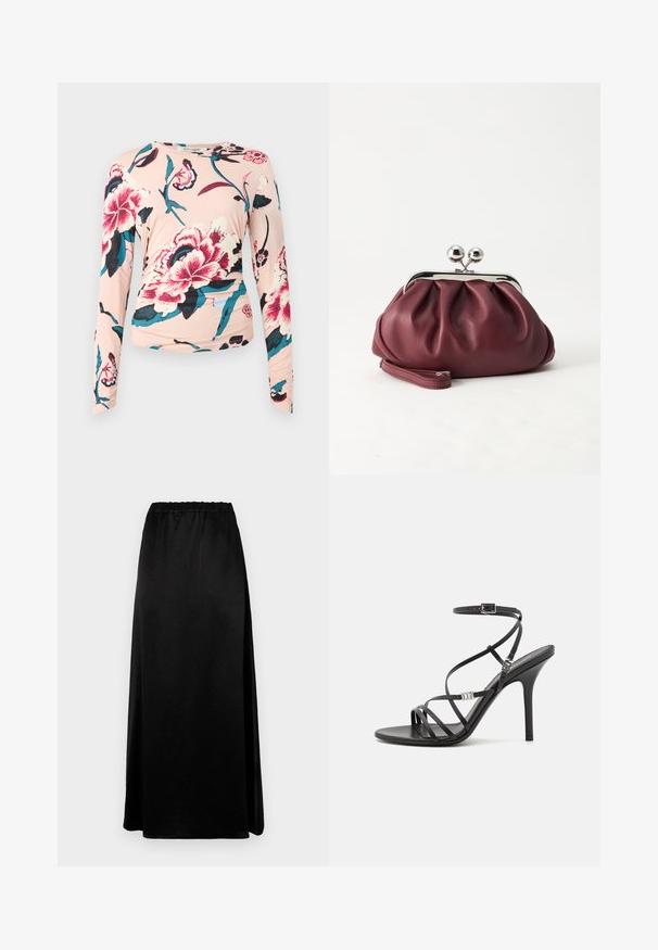 Diane von Furstenberg LONG SLEEVE SHIRT - Longsleeve - light pink; Lange zwarte rok met een gladde, gekreukte textuur en een elastische tailleband. Voorzien van een zijsplit voor gemakkelijke beweging en een slanke silhouette.; Zwarte hoge hakken sandaal met dunne banden, een enkelgesp, een gladleren oppervlak en een slanke stilettohak.; Kleine bordeauxrode leren clutch-portemonnee met zilverkleurige metalen sluiting en polsbandje op een witte achtergrond.