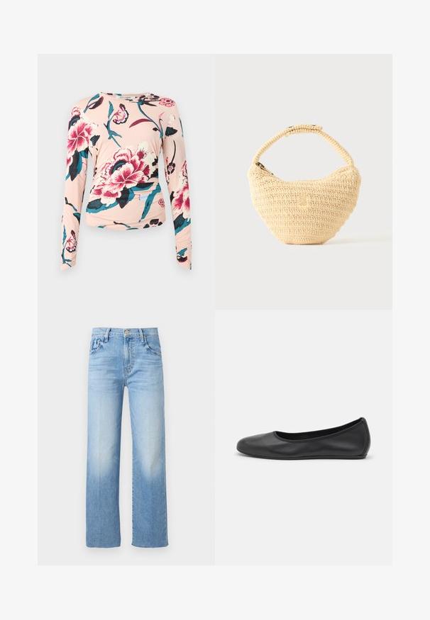 Diane von Furstenberg LONG SLEEVE SHIRT - Langærmet T-shirt - light pink; Lyseblå straight-leg denimjeans med knapper og lynlåslukning foran, fem-lomme-stil og subtil falming på lårene.; Sort læderballetsko med rund tå, glat tekstur, minimal syning og et fleksibelt såldesign.; Beige vævet håndtaske med afrundet krop, lynlås, og en kort, tyk strop i en enkel, tekstureret hæklestil.
