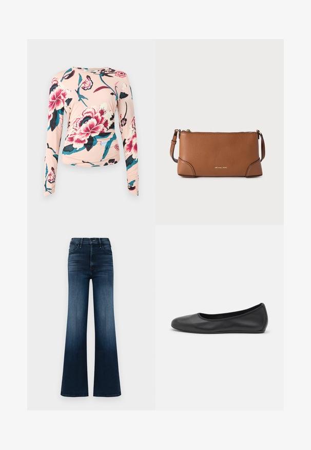 Diane von Furstenberg LONG SLEEVE SHIRT - Top s dlhým rukávom - light pink; Džínsy s rozšírenými nohavicami, tmavomodré s gradientom. Obsahujú päť vreciek a tradičné zapínanie na gombík a zips. Hladká textúra.; Čierne kožené baleríny s okrúhlou špičkou, hladkým povrchom, minimálnym prešívaním a flexibilným dizajnom podrážky.; Hnedé kožené kabelka do ruky s textúrou jemných hrbolčekov, zlatým zipsom a odnímateľným remienkom. Na prednej strane je jemné vyrazené logo.