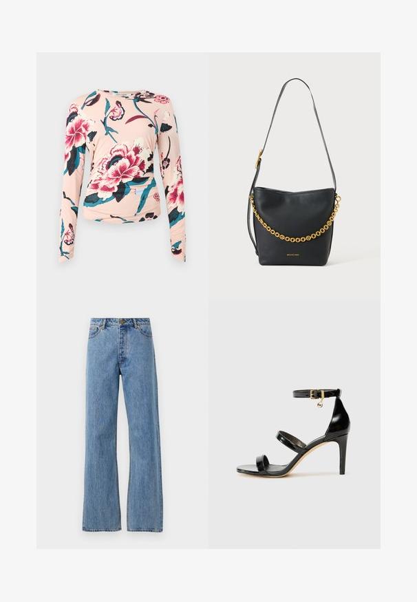 Diane von Furstenberg LONG SLEEVE SHIRT - Langærmet T-shirt - light pink; Lyseblå højtaljede lige jeans med frontknap, lynlås og femlomme-design på hvid baggrund.; Sorte patenterede lædersandaler med tre stropper, ankelspænde og 10 cm stiletthæl. Har detaljer i guld og et logo charms.; Sort skuldertaske i læder med bred strop og dekorativ guldkæde, med lille gyldent logo foran.