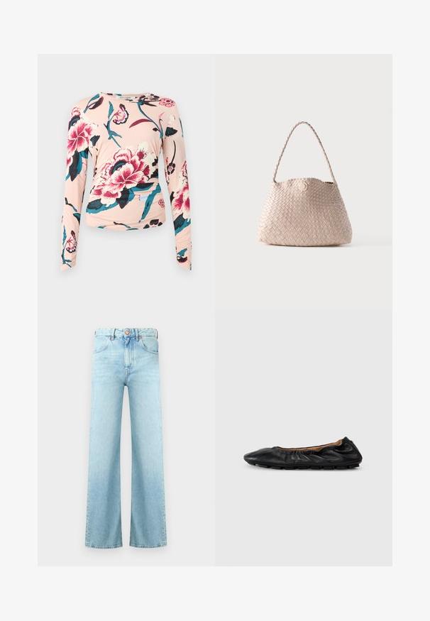 Diane von Furstenberg LONG SLEEVE SHIRT - Langærmet T-shirt - light pink; Lyseblå denimjeans med høj talje, knaplukning, forlommer og brede, lige ben.; Sort læder balletflade med samlet detaljering ved kraven, rund tå og fleksibel gummisål. Glat tekstur hele vejen igennem.; Beige vævet læder skuldertaske med rund form og flettet håndtag, med en lille rund læderknaplukning.
