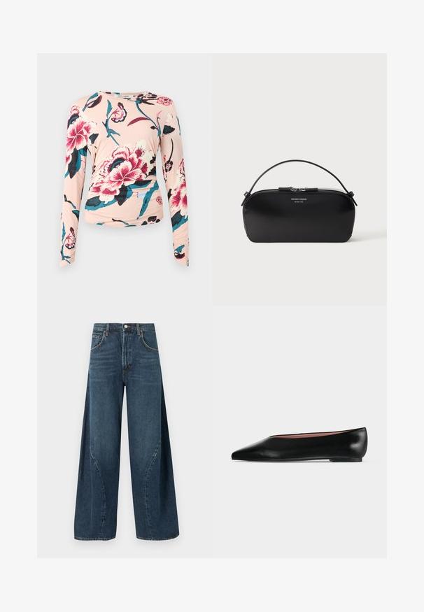 Diane von Furstenberg LONG SLEEVE SHIRT - Top s dlhým rukávom - light pink; Tmavomodré džínsové nohavice širokých nohavíc s prednými vreckami, pútkami na opasok a zapínaním na gombík v páse, zobrazené na jednoduchom pozadí.; Čierna kožená dámska balerína s špicatou špičkou a nízkym opätkom, zobrazená z boku na jednoliatom svetlosivom pozadí.; Čierna kožená taška na zápästie so strieborným zipsom a krátkym uchom, vyrazené logo Emporio Armani Milano 1981 na prednej strane.