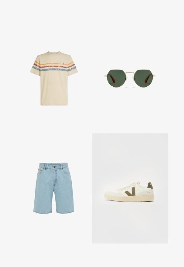 Cremefarvet bomulds t-shirt med horisontale striber i orange, rød og blå. Korte ærmer, rund halsudskæring og lille logo-detail på brystet.; Lyseblå denimshorts med forsideknap, lynlås, bæltestropper og lommer. Knælang, afslappet design.; Beige sneakers med en struktureret stofoverdel, olivengrønne sideaccenter og en kraftig beige sål. Modelnavn "V-90" på hælen.; Oktagonale solbriller med grønne linser, tyndt guldramme i metal og gennemsigtige næsepuder. Stellets arme har en diskret brun detalje.