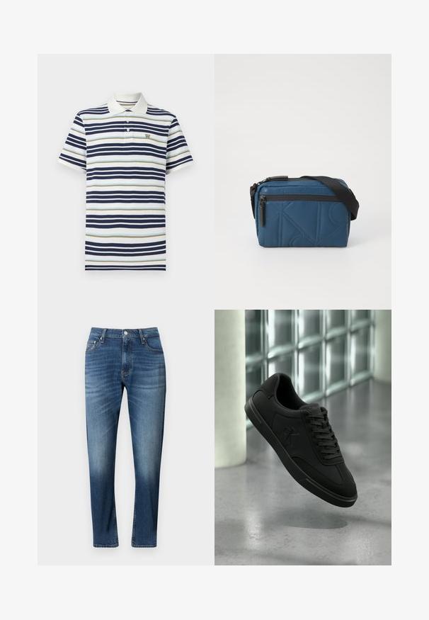 Marineblå, lyseblå og beige stribet polo skjorte. Fremstillet i bomuldsstof med klassisk krave og tre-knaps placket. Lille logo på brystet.; Blå denimjeans med lige ben, prydet med faldne detaljer, fem-lommes design og knaplukning.; Sort lavtop sneakers med snørebånd og "CK"-logo på siden, svævende over poleret beton gulv nær væg af glasblokke.; Blå quiltet crossbody taske med lynlås, justerbar sort rem og geometrisk mønster på stoffet. Kompakt rektangulær form.