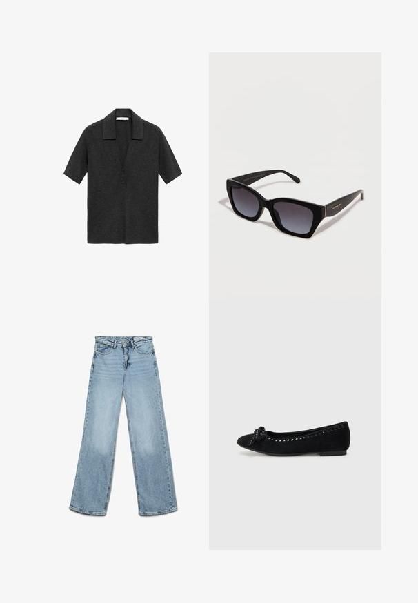 Mørkegrå kortærmet polo skjorte lavet af blødt stof, med en klapkrave og tre-knaps stolpe foran.; Lyseblå højtaljede jeans med vide ben, knap- og lynlås-lukning, for- og baglommer samt bæltestropper.; Sorte ruskind balletflade med rund tå, en dekorativ sløjfe og en række skinnende udsmykninger langs overdelen. Flad hæl.; Sorte katteøje-solbriller med gradient mørke linser og gyldent Coach-logo på stangen, sat mod en simpel hvid baggrund.