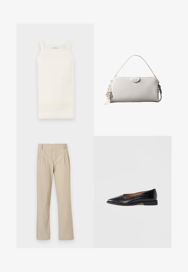 Cremefarvet ribbet tanktop med tynde stropper, tætsiddende design og lige kant. Etiketten siger "IVY OAK." Materialet ser blødt og strækbart ud.; Beige brede benbukser lavet af bomuldsblanding; har folder foran, lige snit og bælteløkker. Glat tekstur, ingen mønstre.; Sort læder flad sko med spids tå og lav firkantet hæl. Glat tekstur, minimalistisk design og uden synlige beslag eller mønstre.; Hvid rektangulær Calvin Klein håndtaske med enkelt håndtag, minimalistisk design og dekorative kvaster med geometrisk metalvedhæng på siden.