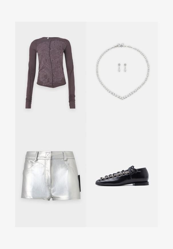 Langærmet top i mørk lilla stof med en tonet dragegrafik, slim fit, rund halsudskæring og sammenkrøllede ærmekanter.; Sølvmetallic højtaljede shorts med knaplukning foran, bæltestropper og to forlommer på en ensartet lysegrå baggrund.; Sort lavhælet lædersko med unikke sølvfarvede metaløjer og sort snørelukning langs toppen.; Rhinestone halskæde med V-formet design og metal i sølvfarve. Matchet med hængende øreringe med dråbeformede sten.