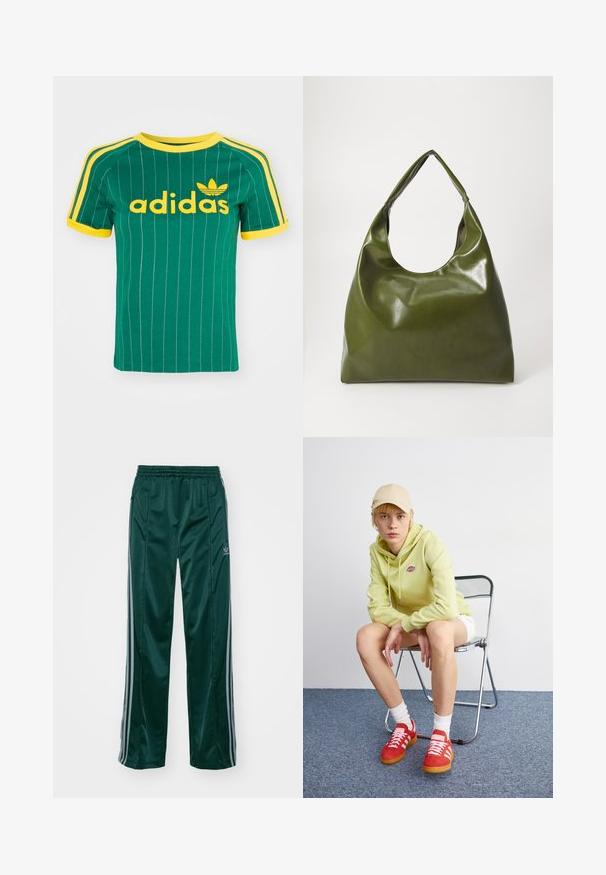 Zelené bavlnené tričko s vertikálnymi bielymi pruhmi, žltými akcentmi a logom "adidas" v žltom písme. Krátke rukávy a okrúhly výstrih.; Tmavozelené športové nohavice vyrobené z lesklého materiálu, s bočnými pruhmi v svetlošedej farbe a vyšitým logom na ľavom stehne.; Svetlozelená mikina s logom, biele šortky, červené tenisky s bielymi pruhmi, sediaca na chrómovej skladacej stoličke proti neutrálnemu pozadiu.; Zelená kožená hobo taška so uvoľneným dizajnom, zakriveným držadlom a hladkým povrchom. Neobsahuje žiadne viditeľné kovania ani akcenty.