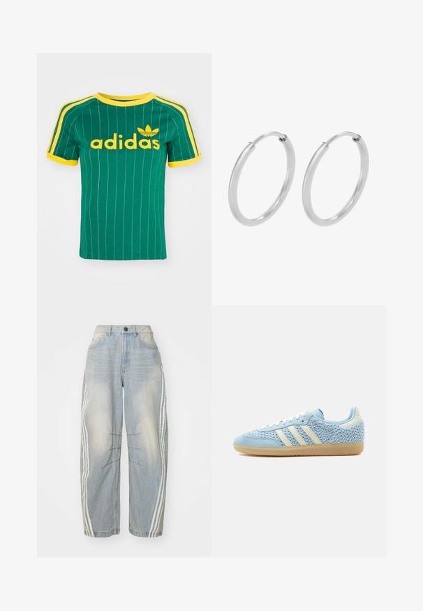 Grøn bomulds T-shirt med lodrette hvide striber, gule accenter og "adidas" logo i gul skrift. Kortærmet og rund hals design.; Lyseblå denimjeans med løs pasform, der har hvide striber ned langs siderne, slidte detaljer og knaplukning i taljen.; Lav sko med lys blå vævet overdel, hvide striber, hvide snørebånd, lys blå ruskindstrop og sål af gumgummi.; Sølv hoops øreringe, cirkulær form, glat skinnende tekstur og ensartet bredde hele vejen igennem. Minimalistisk design uden yderligere accenter.
