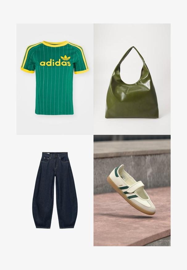 Zelené bavlnené tričko s vertikálnymi bielymi pruhmi, žltými akcentmi a logom "adidas" v žltom písme. Krátke rukávy a okrúhly výstrih.; Tmavomodré široké rifľové nohavice s prednými vreckami, pútkami na opasok a zapínaním na gombík v páse.; Biela kožená obuv so zelenými pruhmi, zaoblenou špičkou, upevnená pásikom. Podošva z gumy, minimalistický dizajn, zvýraznené šitie pozdĺž horných okrajov.; Zelená kožená hobo taška so uvoľneným dizajnom, zakriveným držadlom a hladkým povrchom. Neobsahuje žiadne viditeľné kovania ani akcenty.