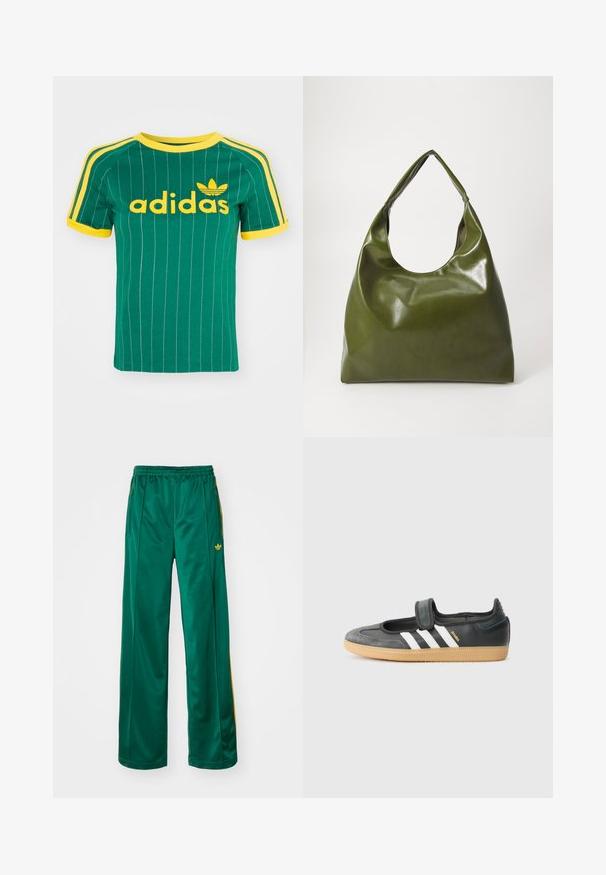 Zelené bavlnené tričko s vertikálnymi bielymi pruhmi, žltými akcentmi a logom "adidas" v žltom písme. Krátke rukávy a okrúhly výstrih.; Zelené saténové športové nohavice s voľným strihom, s žltými pruhmi a vyšitým logom na ľavej strane. Elastický pás.; Čierne kožené a zamšové tenisky s Velcro pásikom, s tromi bielymi pruhmi a gumenou podrážkou, označené nápisom "SAMBA" na boku.; Zelená kožená hobo taška so uvoľneným dizajnom, zakriveným držadlom a hladkým povrchom. Neobsahuje žiadne viditeľné kovania ani akcenty.