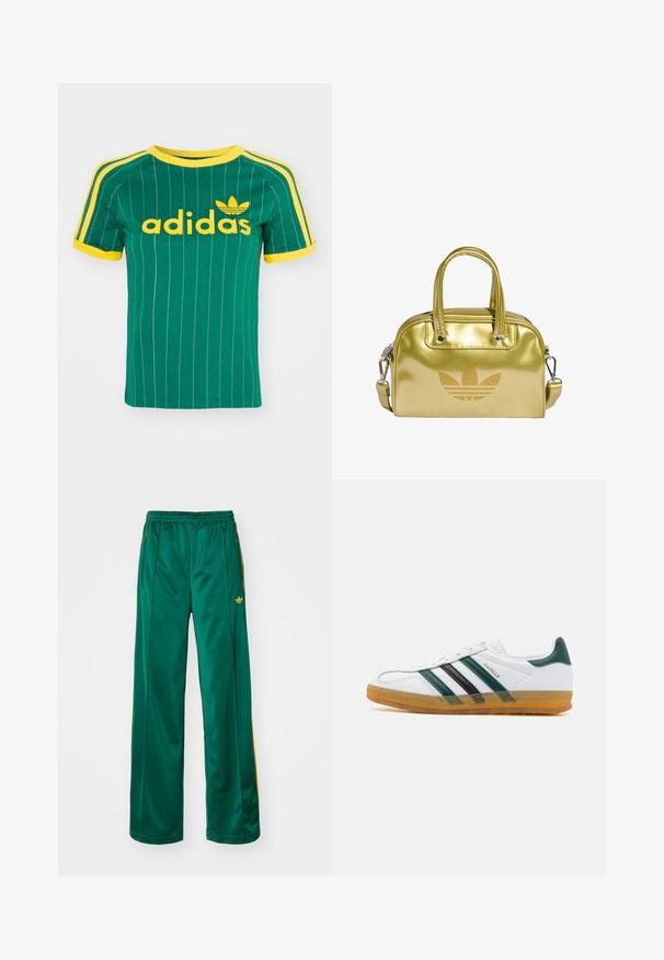 Grøn bomulds T-shirt med lodrette hvide striber, gule accenter og "adidas" logo i gul skrift. Kortærmet og rund hals design.; Grønne satin atletikbukser med en afslappet pasform, der har gule stribeaccenter og et broderet logo på venstre side. Elastisk talje.; Hvide lædersneakers med grønne og sorte striber; gummisål; tekstureret tåboks; guld "Gazelle" branding på siden.; Guldmetalisk håndtaske med dobbelte top-håndtag, lynlåslukning og aftagelig skulderrem. Funktionen inkluderer prægede logo foran og glat tekstur.