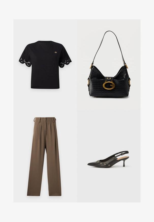 Camiseta de algodón negra con mangas cortas acampanadas y un borde de encaje con forma de ondas. Pequeño logo dorado en el pecho. Diseño simple y clásico.; Pantalones de pierna ancha marrones con una cinturilla estructurada, pliegues delanteros y una textura suave y mate. Sin bolsillos visibles ni adornos.; Zapato de tacón con talón descubierto en piel negra, punta puntiaguda, tacón pequeño y detalles metálicos decorativos a lo largo de la abertura frontal. Textura lisa.; Bolso de hombro de piel negra tejida con hebilla ovalada dorada y herrajes, correa única, forma rectangular estructurada.