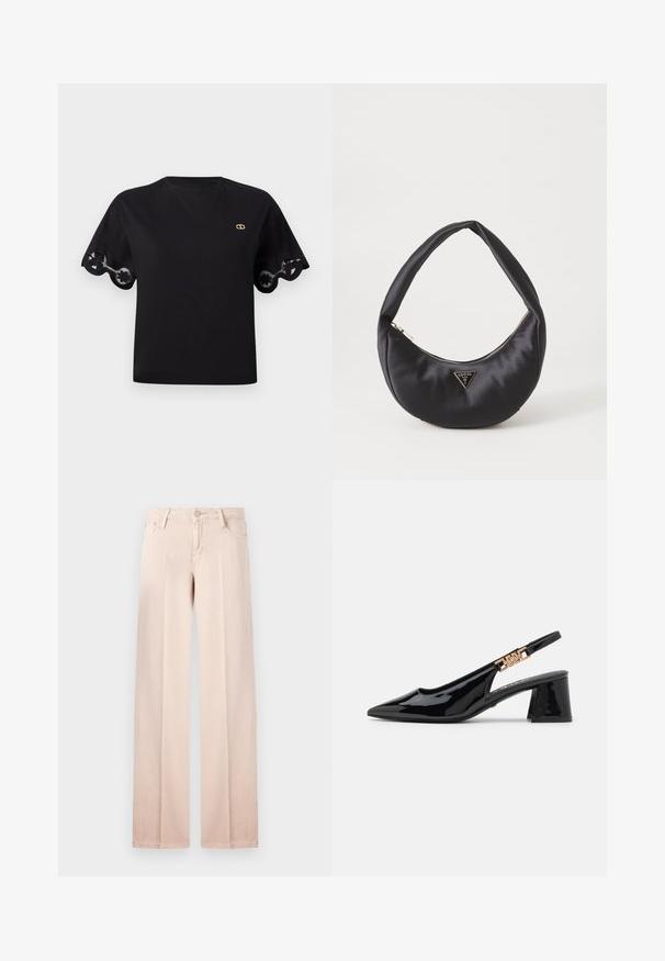 Camiseta de algodón negra con mangas cortas acampanadas y un borde de encaje con forma de ondas. Pequeño logo dorado en el pecho. Diseño simple y clásico.; Jeans de pierna ancha beige con una suave tela de mezcla de algodón, diseño de cinco bolsillos, presillas para cinturón y cierre a botones. Estilo minimalista y color claro.; Zapatos de charol negro con tacón de pala y puntera afilada, con detalles en tono dorado en la correa, que presentan un tacón cuadrado. Textura suave.; Bolso de satén negro con forma curva, que cuenta con un cierre de cremallera y un logo triangular en metal en la parte delantera. Textura suave y diseño elegante.