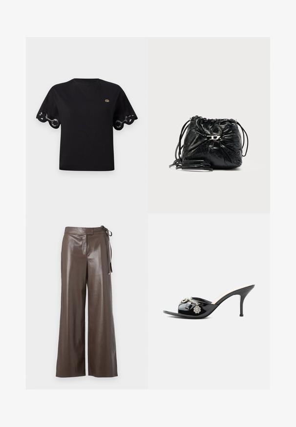 Camiseta de algodón negra con mangas cortas acampanadas y un borde de encaje con forma de ondas. Pequeño logo dorado en el pecho. Diseño simple y clásico.; Pantalones de imitación cuero marrón de pierna ancha con cintura alta y detalle de lazo lateral sobre un fondo blanco.; Mule de charol negro de tacón alto con punta abierta y adornos decorativos plateados, incluyendo una flor y un candado en la tira delantera.; Bolsa con cordón de cuero negro con diseño fruncido, detalles de herrajes plateados y correas ajustables. Acabado texturizado que añade profundidad.
