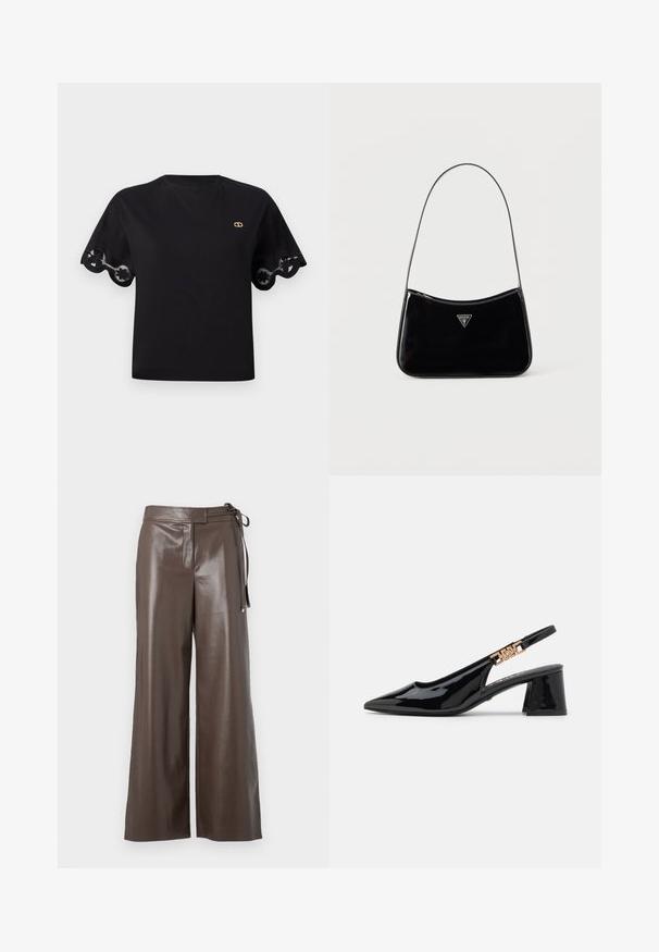 Camiseta de algodón negra con mangas cortas acampanadas y un borde de encaje con forma de ondas. Pequeño logo dorado en el pecho. Diseño simple y clásico.; Pantalones de imitación cuero marrón de pierna ancha con cintura alta y detalle de lazo lateral sobre un fondo blanco.; Zapatos de charol negro con tacón de pala y puntera afilada, con detalles en tono dorado en la correa, que presentan un tacón cuadrado. Textura suave.; Bolso de hombro de charol negro con correa delgada, logotipo triangular de Guess en el frente y cierre superior con cremallera.