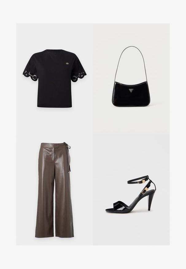 Camiseta de algodón negra con mangas cortas acampanadas y un borde de encaje con forma de ondas. Pequeño logo dorado en el pecho. Diseño simple y clásico.; Pantalones de imitación cuero marrón de pierna ancha con cintura alta y detalle de lazo lateral sobre un fondo blanco.; Sандalia de tacón alto de charol negro con dobles correas en el tobillo y hebillas doradas, punta abierta y tacón delgado y afilado sobre un fondo neutro.; Bolso de hombro de charol negro con correa delgada, logotipo triangular de Guess en el frente y cierre superior con cremallera.