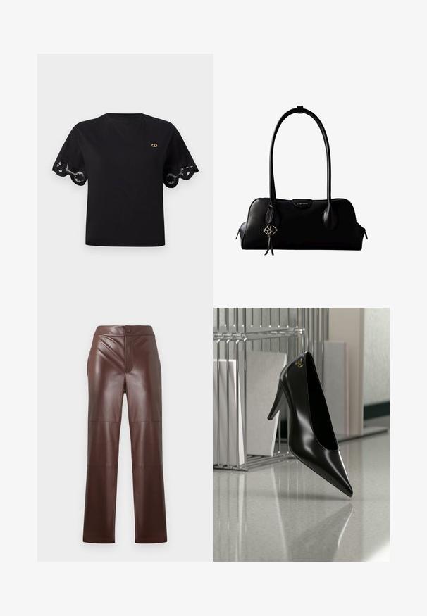 Camiseta de algodón negra con mangas cortas acampanadas y un borde de encaje con forma de ondas. Pequeño logo dorado en el pecho. Diseño simple y clásico.; Pantalones de imitación cuero marrón con corte recto y textura suave. Presentan un cierre frontal con cremallera y botón, complementado con costuras en tono.; Zapato de tacón alto negro con punta afilada y logo dorado, colocado sobre una superficie reflectante cerca de un organizador de archivos de alambre cromado con documentos.; Bolso de mano negro de cuero Calvin Klein con asas largas, una etiqueta con el logo frontal y un colgante geométrico plateado que cuelga de una de las asas.