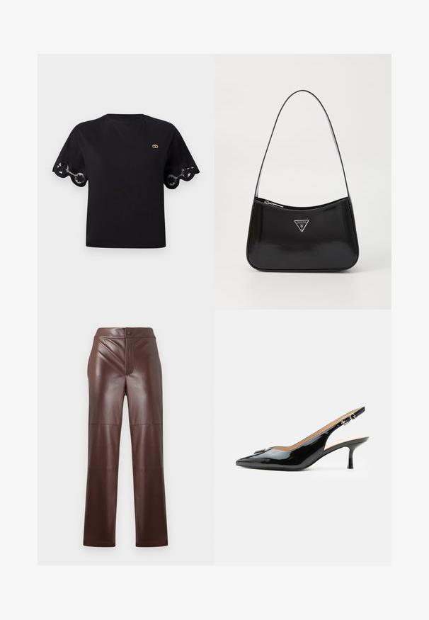 Camiseta de algodón negra con mangas cortas acampanadas y un borde de encaje con forma de ondas. Pequeño logo dorado en el pecho. Diseño simple y clásico.; Pantalones de imitación cuero marrón con corte recto y textura suave. Presentan un cierre frontal con cremallera y botón, complementado con costuras en tono.; Tacón slingback de charol negro con puntera puntiaguda, tacón pequeño tipo kitten y correa con hebilla plateada sobre un fondo blanco liso.; Bolso de hombro de charol negro con forma curva, que presenta un logotipo triangular plateado y un cierre de cremallera. Textura suave y correa delgada.